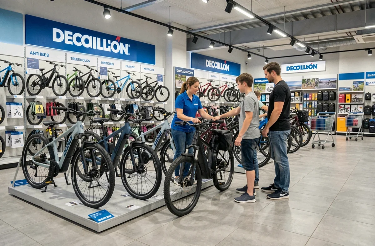 Employée Decathlon conseillant une famille dans le rayon vélos électriques du Decathlon Antibes