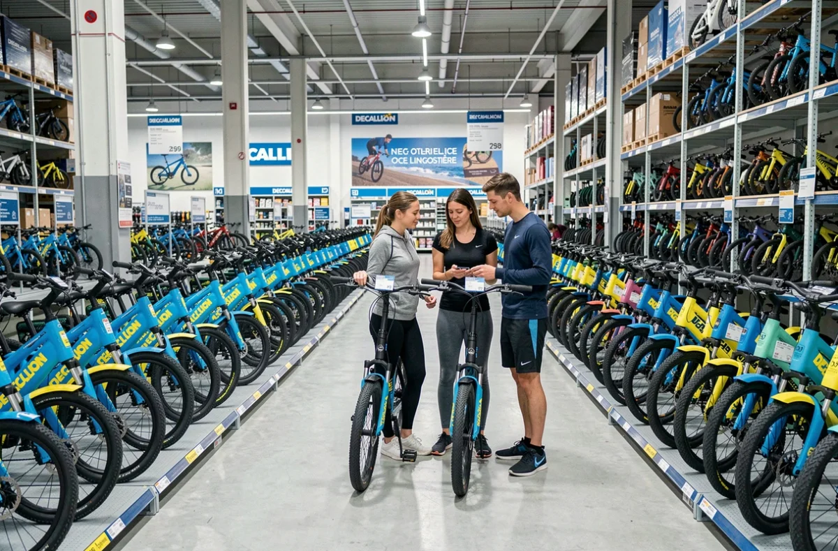 Couple comparant des vélos électriques d'entrée de gamme dans le rayon cycle du Decathlon Nice Lingostière