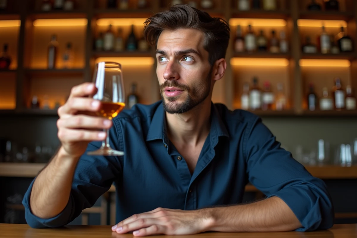 Jeune homme découvrant son premier whisky Scotch Johnnie Walker dans un bar moderne, tenant un verre de dégustation avec curiosité