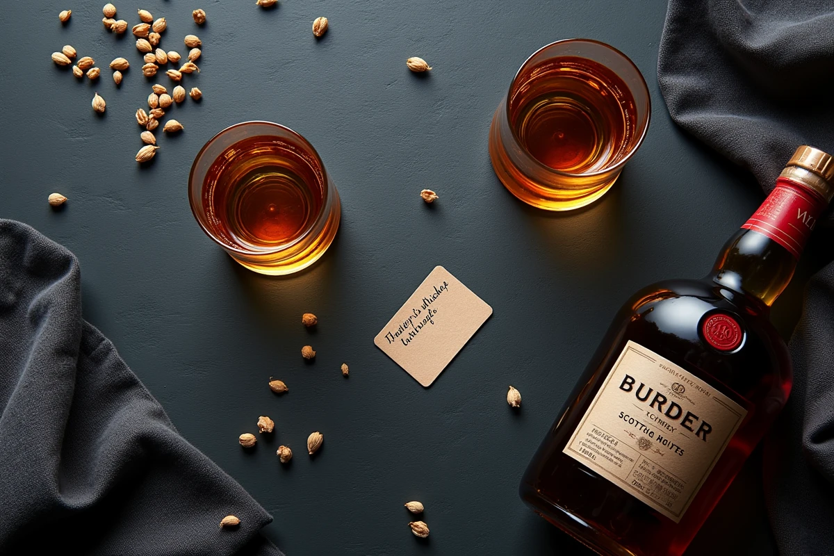 Vue du dessus d'une dégustation de whisky Johnnie Walker avec verre, notes de dégustation et orge sur ardoise sombre