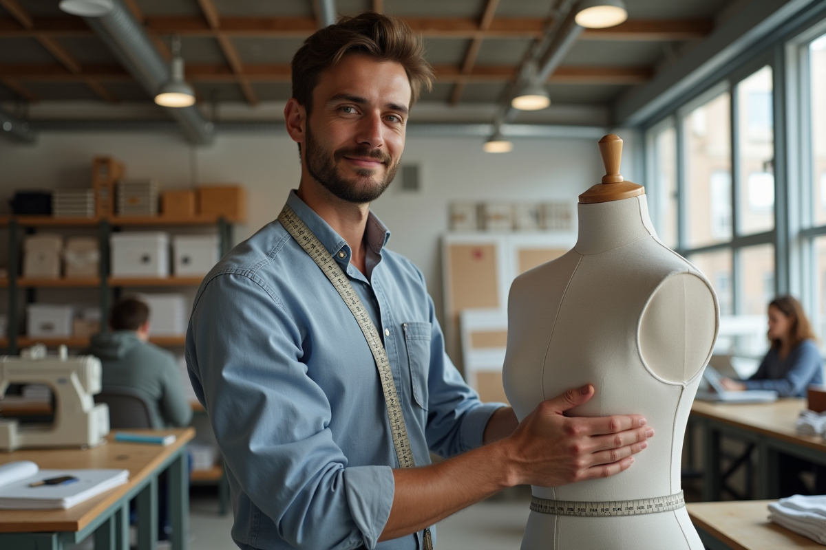 Jeune designer ajustant un vêtement en studio