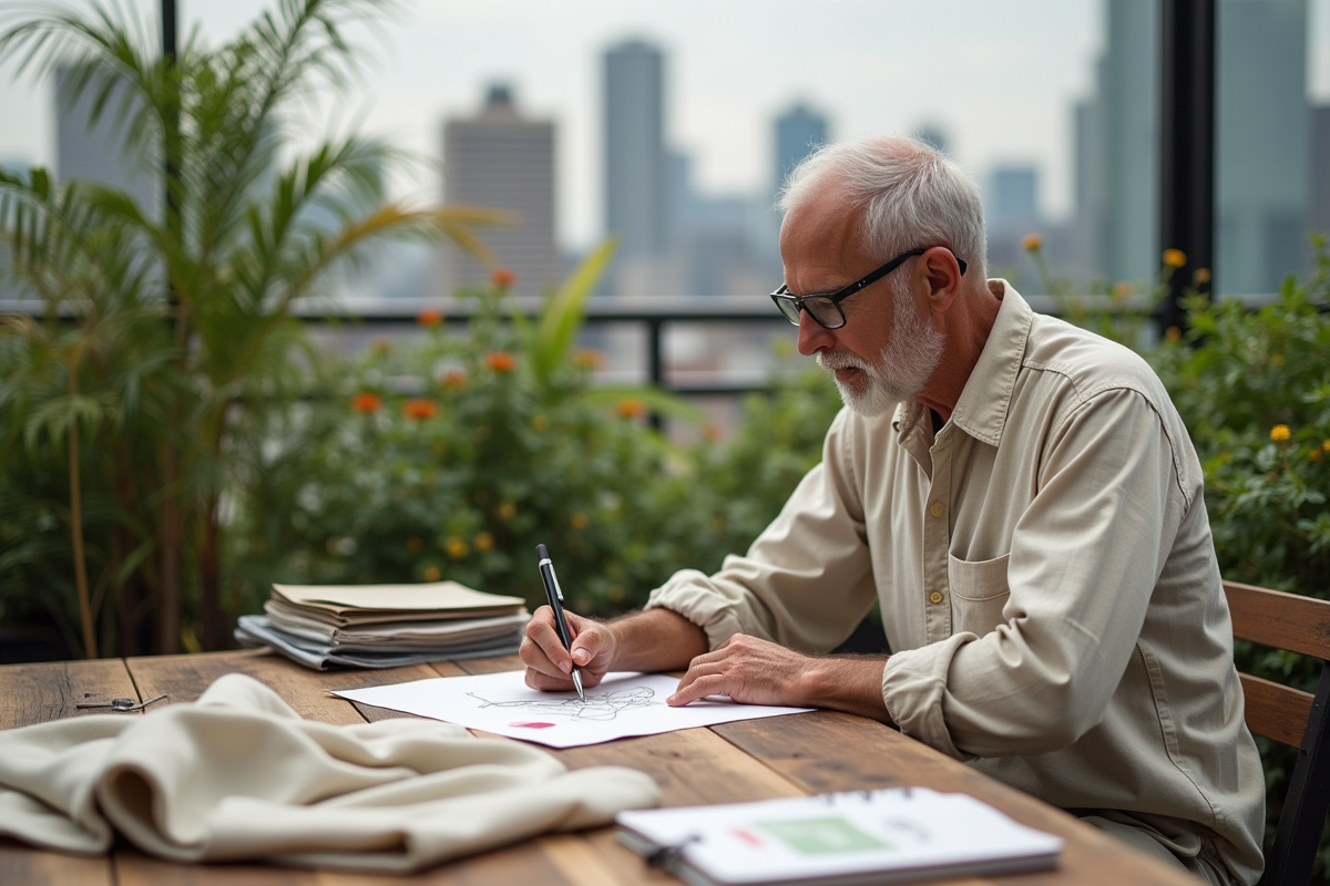 Designer homme en rooftop jardin créant mode durable