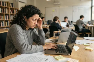 Développeuse frustrée face à une erreur de code sur son ordinateur portable dans un bureau moderne