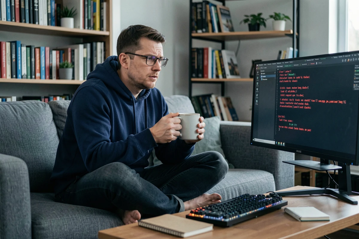 Développeur en télétravail analysant un message d'erreur sur un terminal depuis son canapé