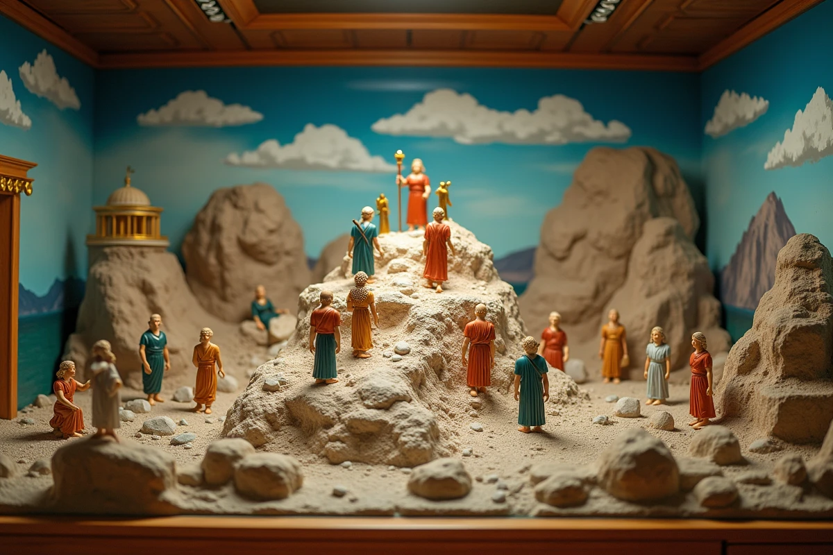 Diorama de musée représentant le mont Olympe avec des figurines des dieux grecs de la mythologie antique