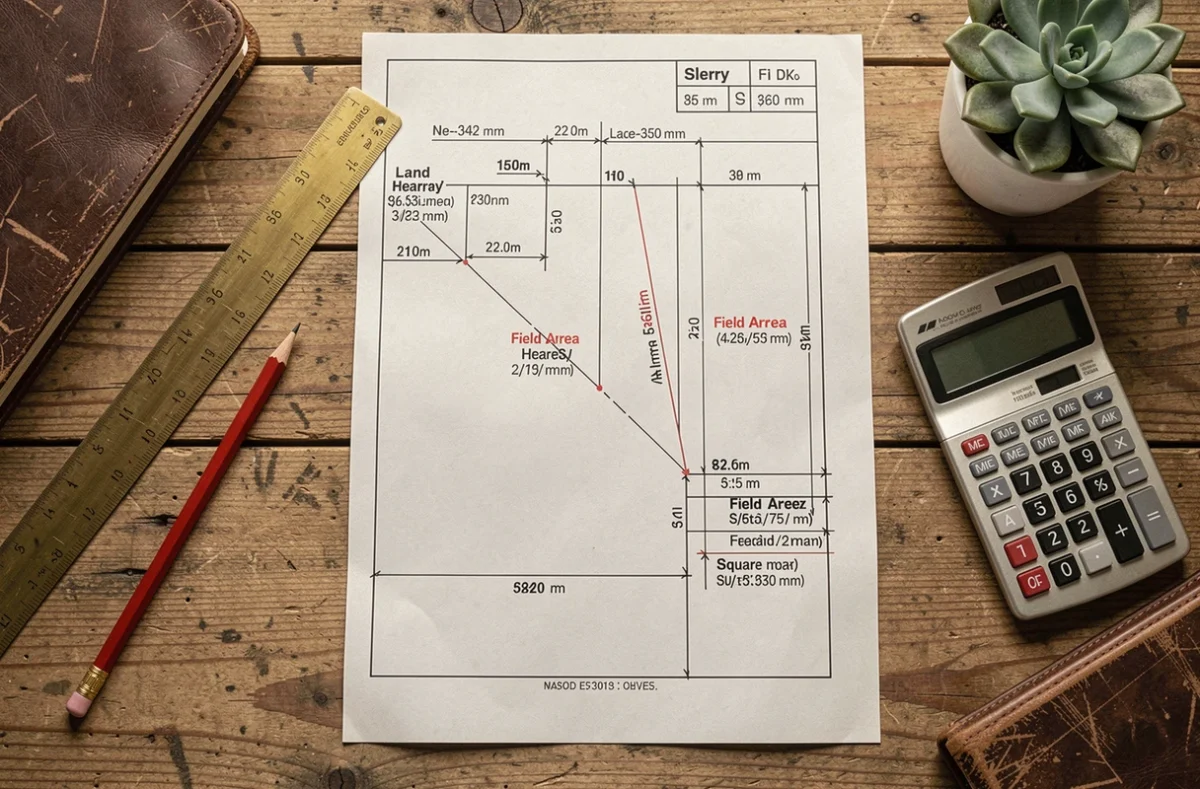 Vue aérienne d'un bureau avec des documents de conversion d'hectares en mètres carrés, une règle et une calculatrice scientifique