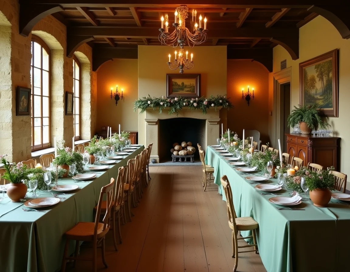 Domaine de la Brosse aménagé pour une réception de mariage avec décoration rustique chic et longue table banquet
