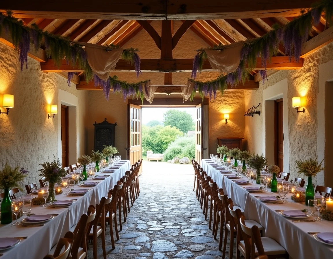 Domaine de la Ferme de Fourges avec grange réaménagée en salle de réception rustique et décoration champêtre