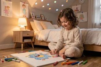 Petite fille en pyjama dessinant un monstre rigolo et coloré sur un carnet, assise sur le sol de sa chambre rassurante avec des étoiles fluorescentes au plafond
