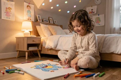 Petite fille en pyjama dessinant un monstre rigolo et coloré sur un carnet, assise sur le sol de sa chambre rassurante avec des étoiles fluorescentes au plafond