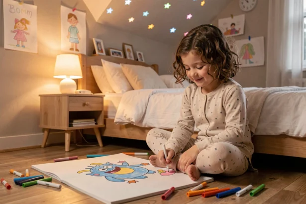 Petite fille en pyjama dessinant un monstre rigolo et coloré sur un carnet, assise sur le sol de sa chambre rassurante avec des étoiles fluorescentes au plafond