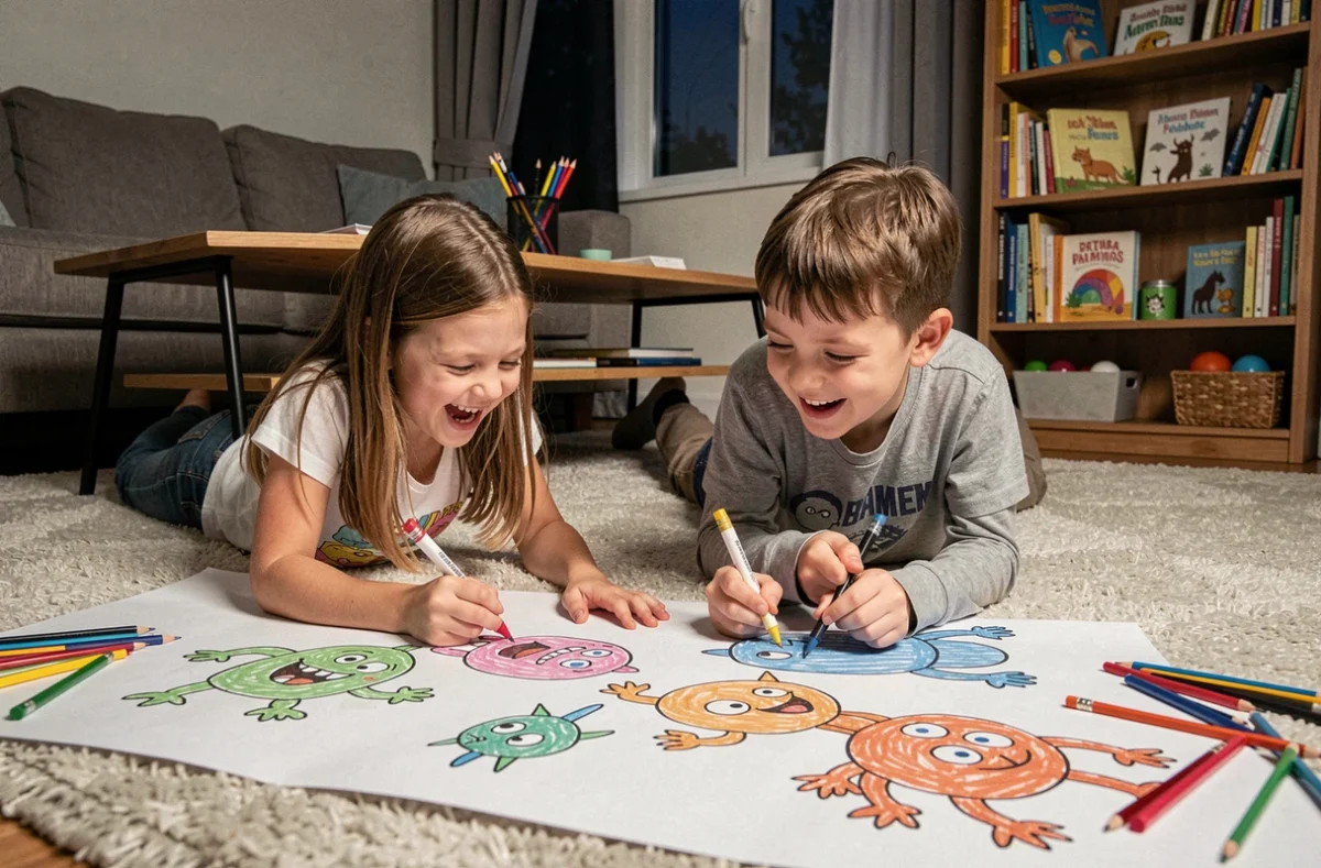Deux enfants allongés sur un tapis de salon dessinent ensemble des monstres rigolos et colorés le soir, transformant la peur du noir en activité créative amusante