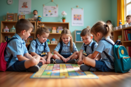 Groupe d'enfants d'école primaire jouant à un jeu éducatif dans une classe