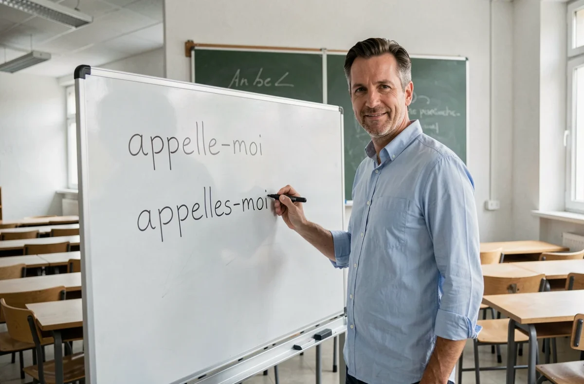 Enseignant écrivant appelle-moi et appelles-moi au tableau blanc dans une salle de classe pour expliquer la règle de conjugaison
