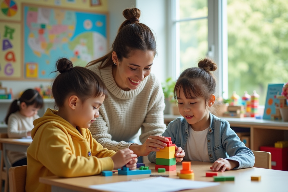 Enseignante aidant des enfants à construire avec des blocs en classe