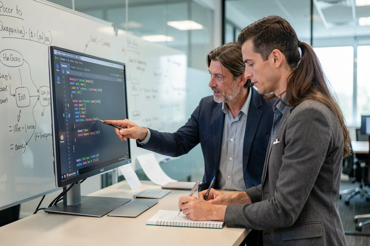 Deux développeurs collaborant pour identifier et corriger une erreur dans un éditeur de code en entreprise