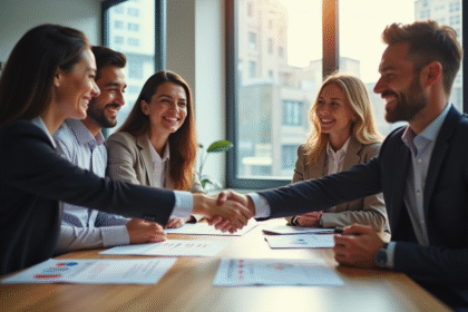 Groupe de professionnels souriants lors d'une réunion de partenariat