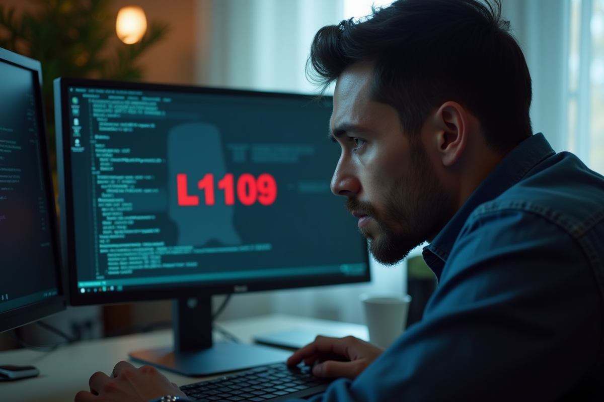 Personne inquiète regardant un écran d'ordinateur avec erreur L1109