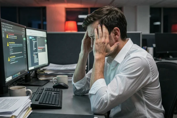 Professionnel informatique stressé face à des alertes de sécurité sur ses écrans de bureau la nuit