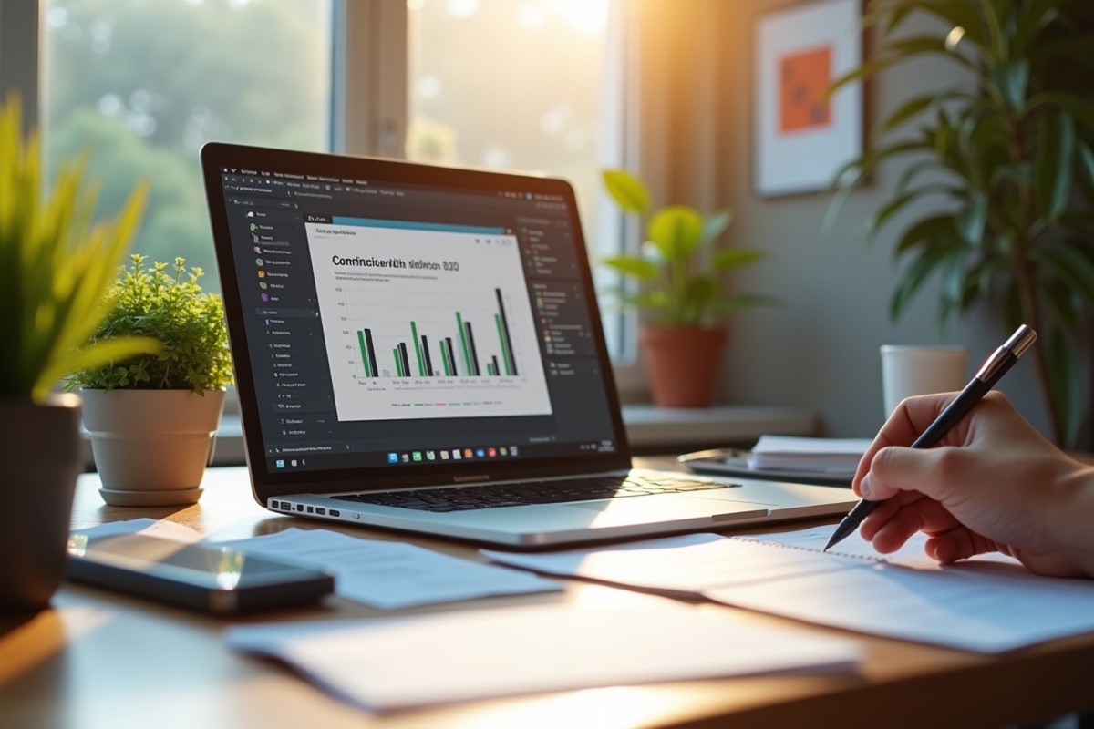 Espace de travail créatif avec ordinateur et produits de marque