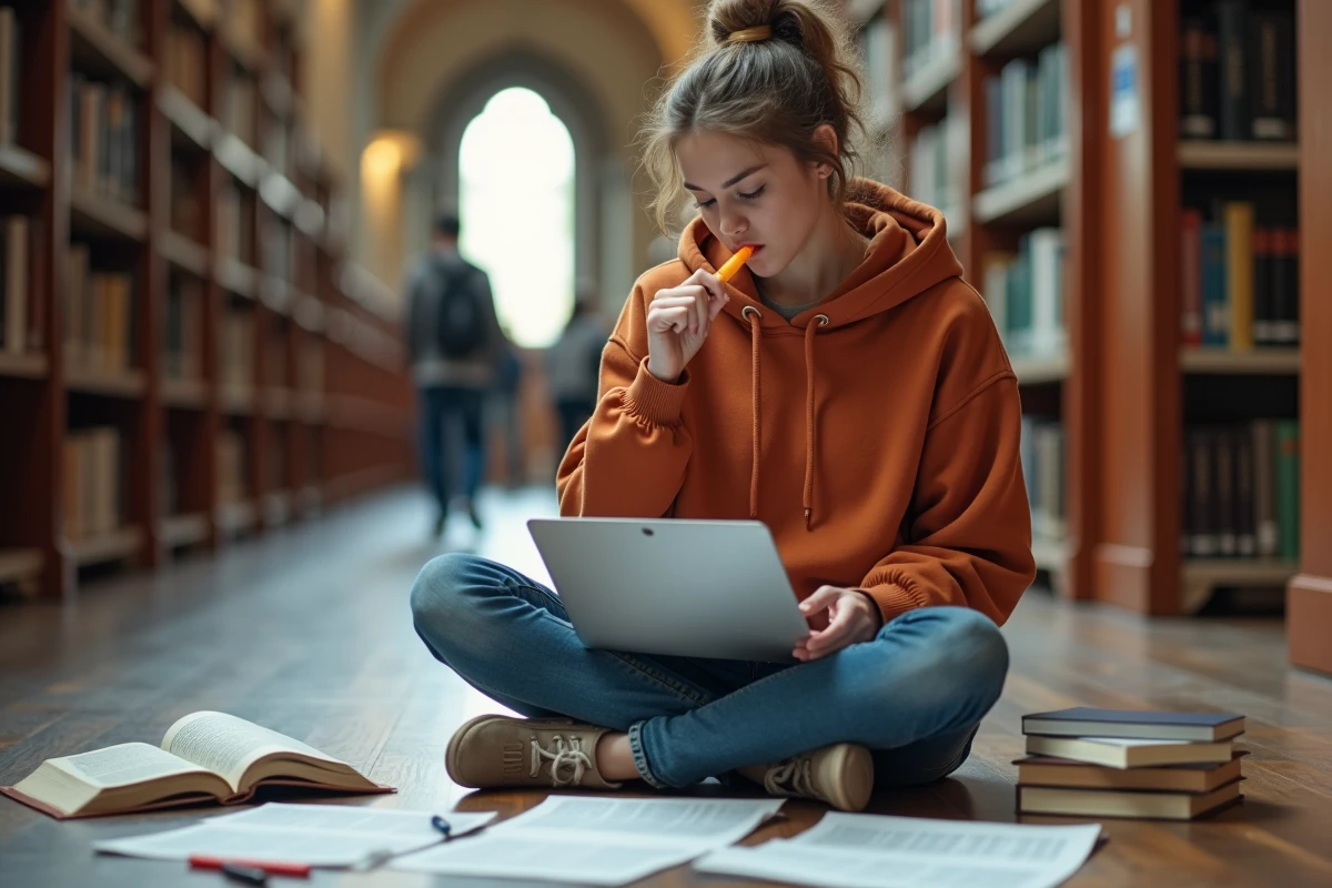Étudiante en journalisme recherchant des synonymes pour éviter les répétitions dans une bibliothèque universitaire