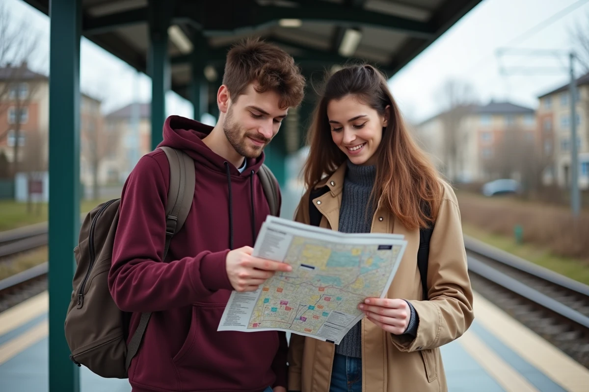 Couple de jeunes étudiants consultant un plan papier du RER Île-de-France sur un quai de gare de banlieue