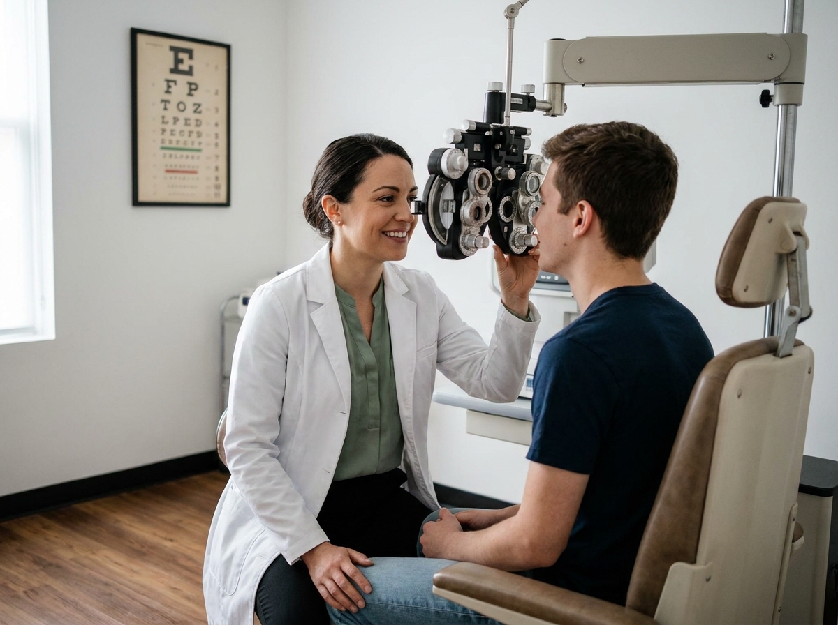 Opticienne réalisant un examen de vue sur un jeune patient dans un cabinet d'optométrie moderne