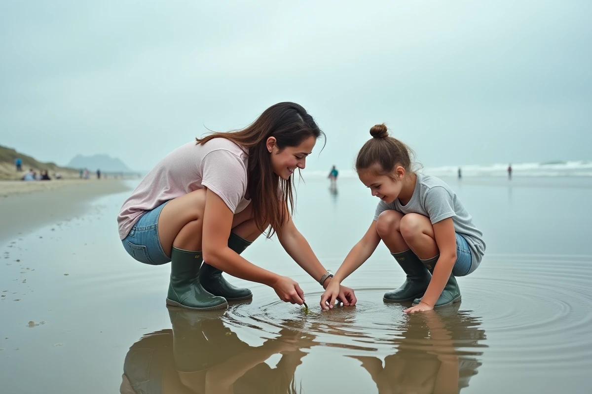 Femme et adolescente explorant une mare de marée sur la plage de Saint-Hilaire-de-Riez, observant la faune marine découverte à marée basse