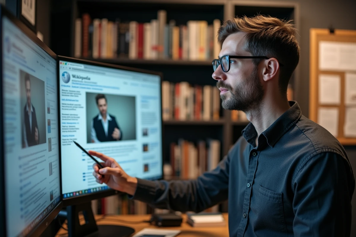 Fact-checker professionnel comparant des images et des informations Wikipedia sur deux écrans dans un bureau de vérification