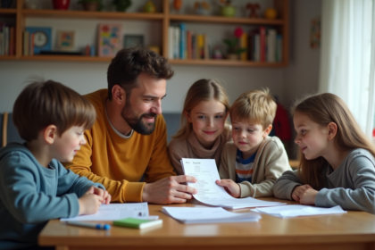 Famille de cinq autour d'une table vérifiant les factures