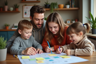 Famille de quatre autour d'un planning familial coloré