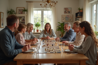 Famille multigenerational autour d'un repas et jeu de société