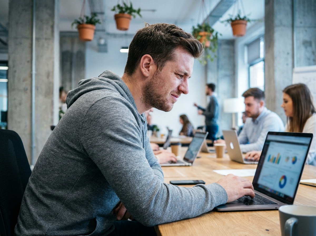 Jeune actif ressentant une fatigue visuelle devant son écran d'ordinateur dans un espace de coworking