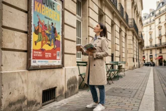 Femme consultant une affiche de sorties culturelles OVS dans une rue parisienne typique