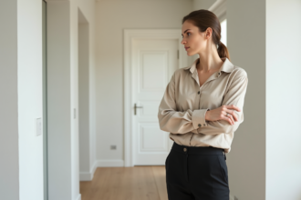 Jeune femme en appartement minimaliste ajustant sa manche