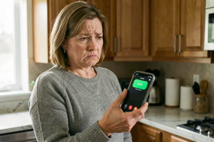 Femme regardant un appel entrant suspect avec l'indicatif 0270 sur son smartphone dans une cuisine moderne