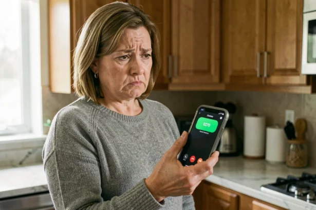 Femme regardant un appel entrant suspect avec l'indicatif 0270 sur son smartphone dans une cuisine moderne
