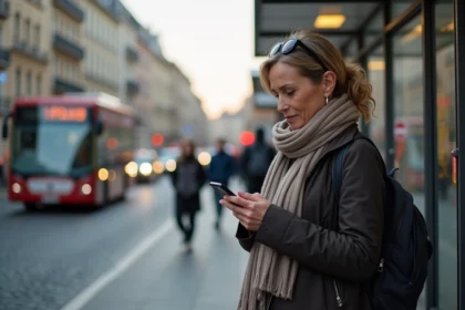 Femme d'âge moyen à Lyon vérifiant son téléphone à un arrêt de bus