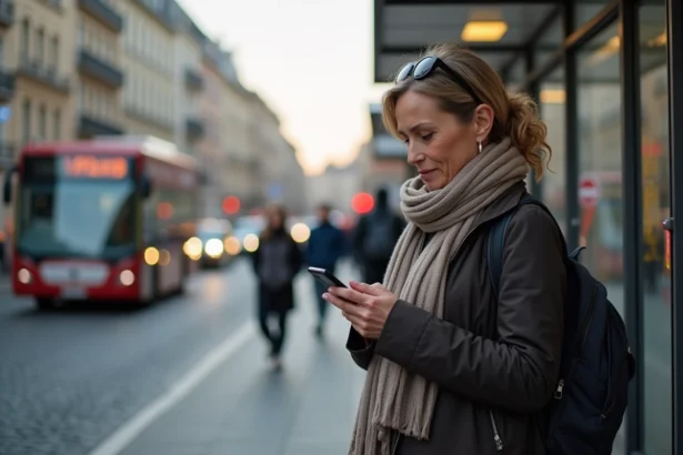 Femme d'âge moyen à Lyon vérifiant son téléphone à un arrêt de bus
