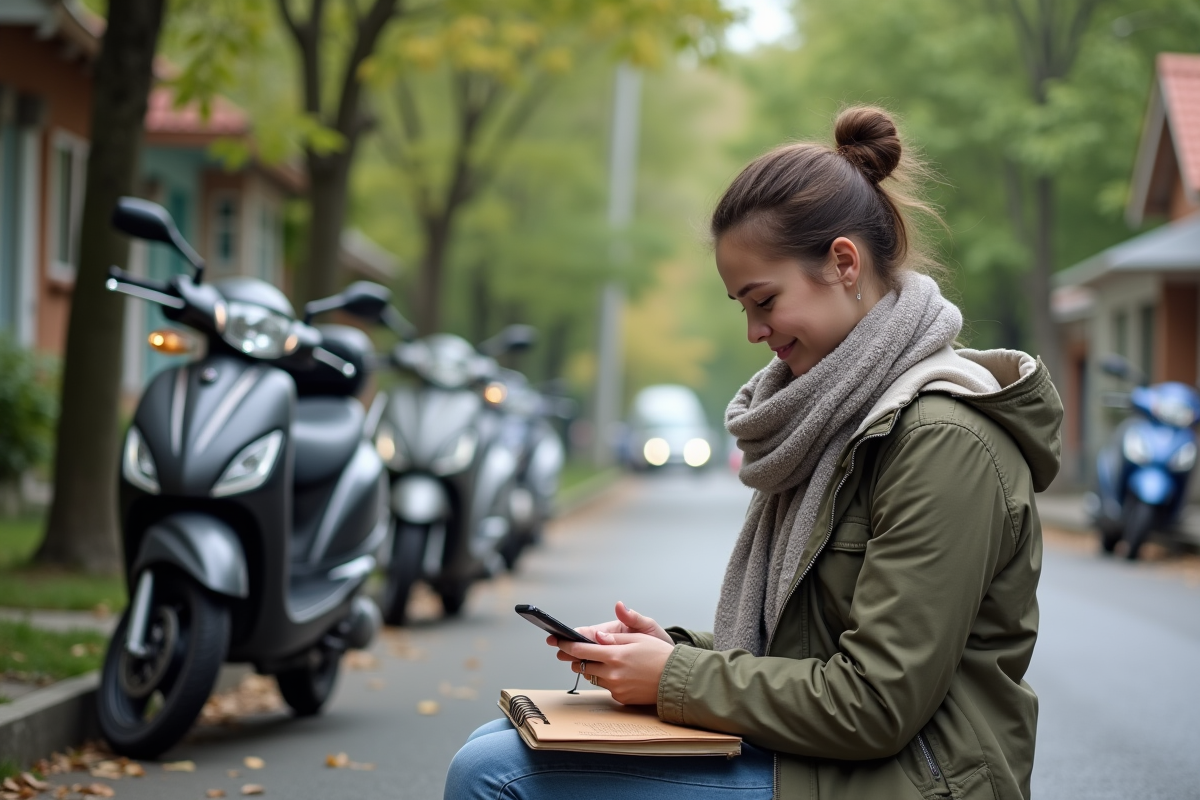 Jeune femme regardant des annonces motos sur son smartphone