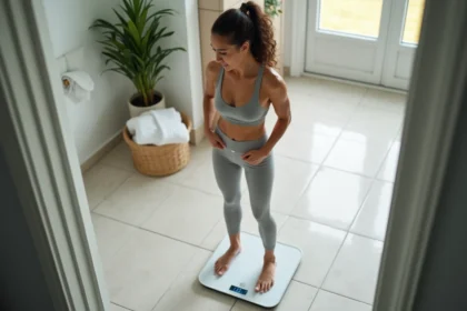 Femme en activewear se pesant sur une balance moderne