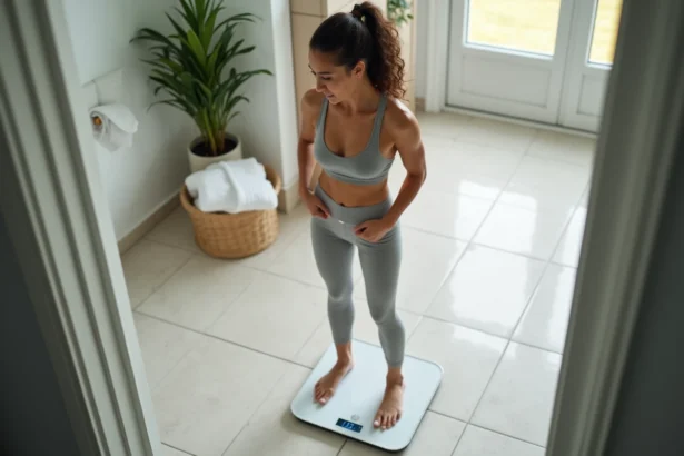 Femme en activewear se pesant sur une balance moderne