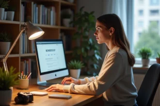 Femme au bureau à domicile regardant son ordinateur