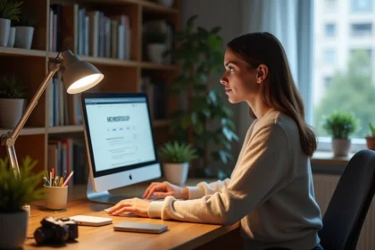 Femme au bureau à domicile regardant son ordinateur