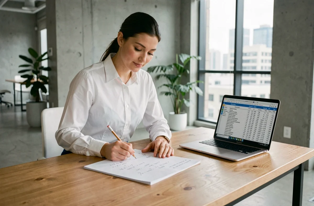 Femme calculant la conversion d'hectares en mètres carrés sur du papier quadrillé dans un bureau moderne