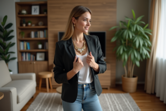 Femme élégante choisissant un collier statement dans un salon cosy