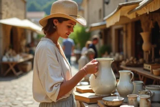 Femme chinant une cruche en céramique ancienne sur une brocante en plein air en Aveyron, village provençal en arrière-plan