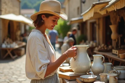Femme chinant une cruche en céramique ancienne sur une brocante en plein air en Aveyron, village provençal en arrière-plan