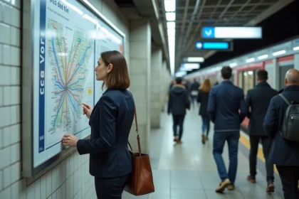 Femme professionnelle consultant un plan du réseau RER Île-de-France affiché dans une station parisienne