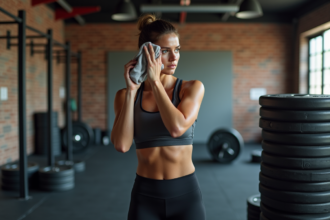 Femme sportive essuyant la sueur après un entraînement CrossFit